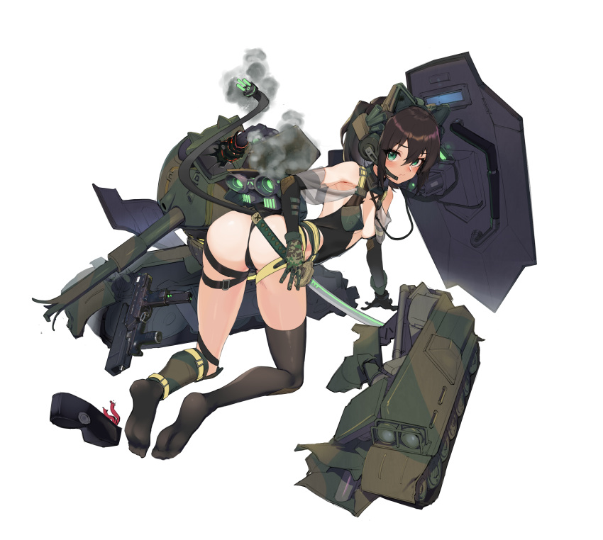 1girl absurdres animal_ears belt black_belt black_footwear black_gloves black_hair black_leotard black_socks black_thighhighs blush breasts cable cable_tail camouflage cannon cleavage closed_mouth commentary ear_protection elbow_gloves fake_animal_ears full_body gloves green_eyes gun hair_between_eyes headset highres katana kneehighs leotard looking_at_viewer mechanical_tail medium_hair no_shoes original personification print_gloves simple_background single_kneehigh single_sock single_thighhigh small_breasts smoke socks solo sword tail thigh_belt thigh_strap thighhighs tuziki_sang type_74_(personification) weapon white_background zouri