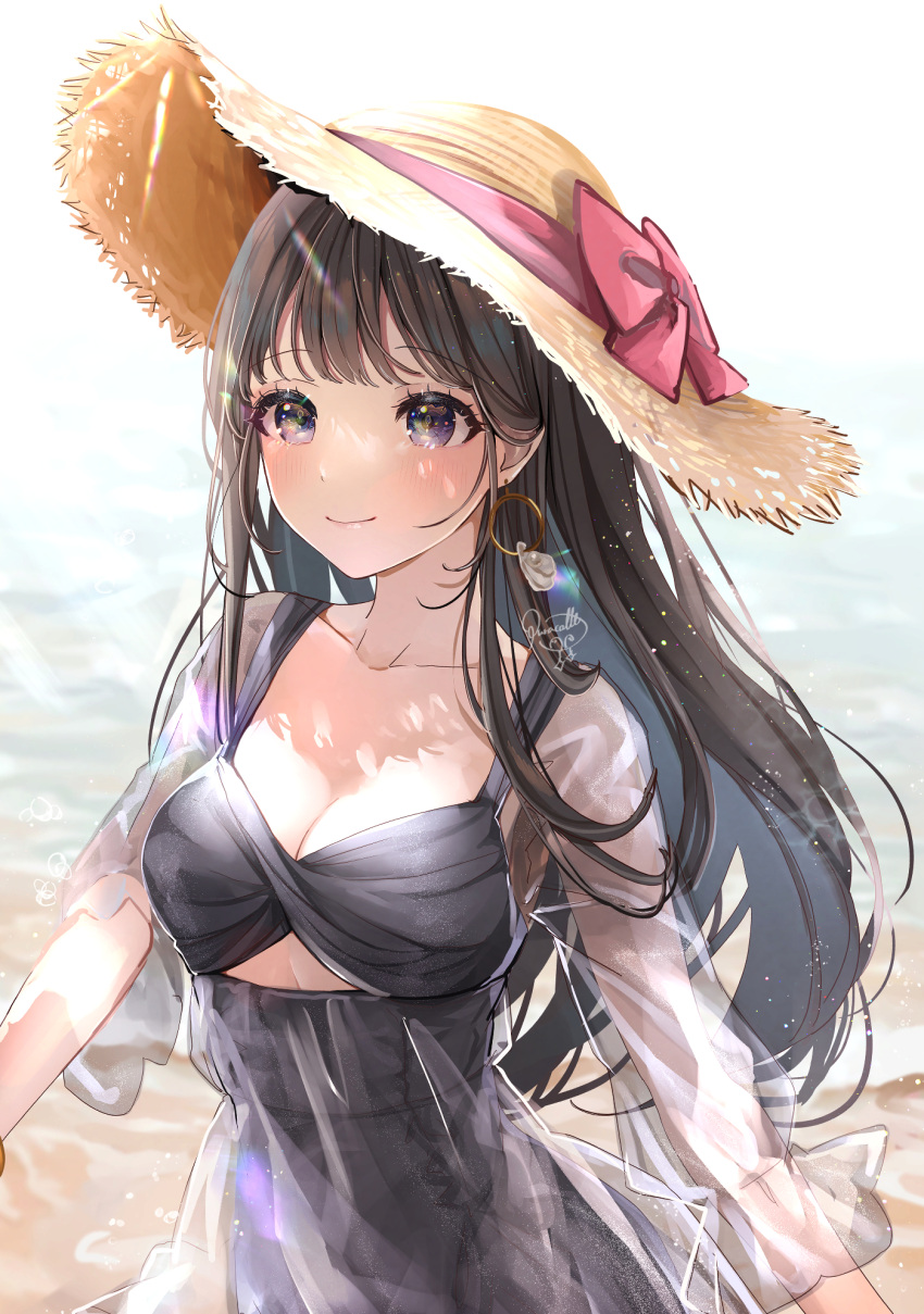 1girl backlighting beach black_dress blush bow breasts brown_hair cleavage closed_mouth clothing_cutout commentary_request dappled_sunlight dress earrings hat hat_bow hat_ribbon highres jewelry light_particles light_rays long_hair long_sleeves looking_afar medium_breasts ocean original puracotte purple_eyes ribbon see-through see-through_dress see-through_sleeves signature smile solo straight_hair straw_hat sunlight underboob_cutout upper_body water