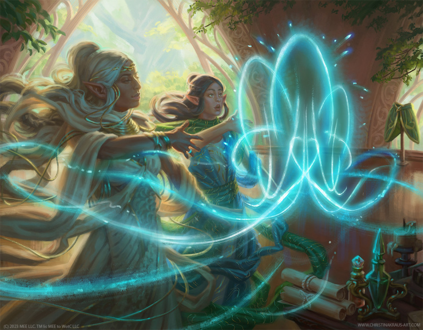 2girls artist_name arwen blue_dress bracelet brown_hair circlet dress ebenherzart elf galadriel green_scarf jewelry long_hair magic magic:_the_gathering multiple_girls pointy_ears scarf scroll tolkien's_legendarium vial watermark web_address white_dress white_hair