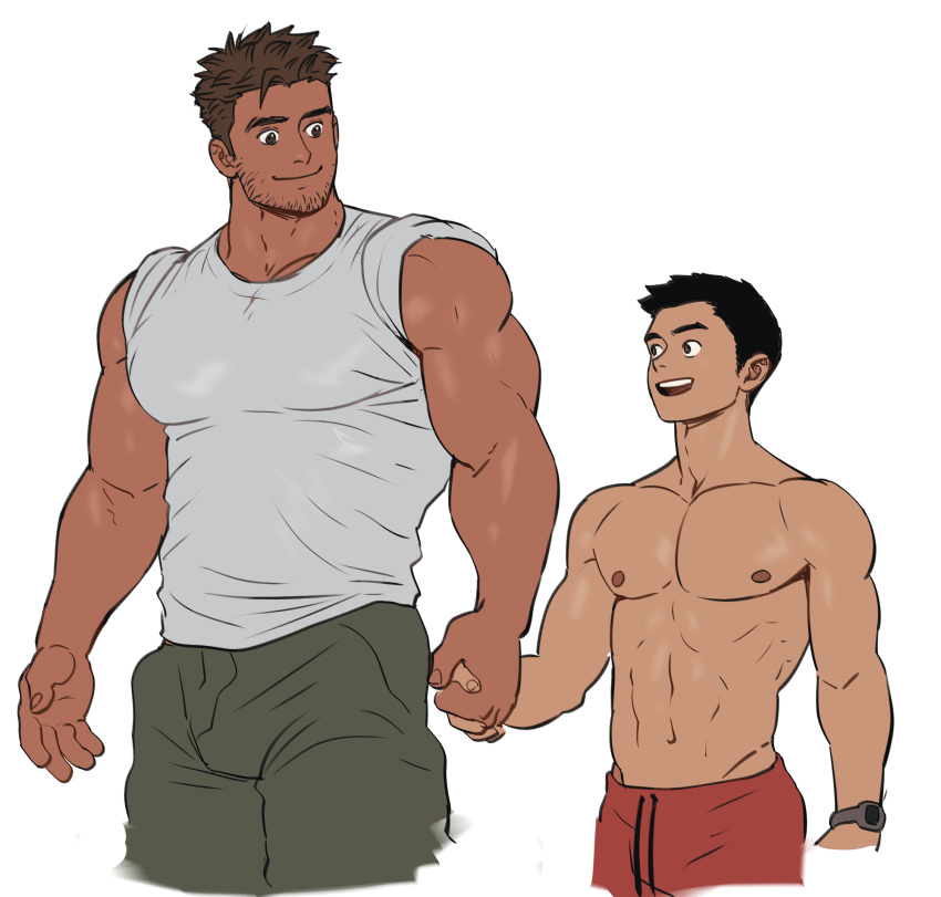 2boys abs bara bare_arms beard bulge chest_hair cropped_legs dark-skinned_male dark_skin facial_hair highres holding_hands ken_(suyohara) kuma_(suyohara) large_pectorals long_sideburns male_focus mature_male multiple_boys muscular muscular_male nipples original pectorals shirt short_hair sideburns size_difference smile stomach stubble suyohara thick_eyebrows tied_sleeves white_shirt yaoi