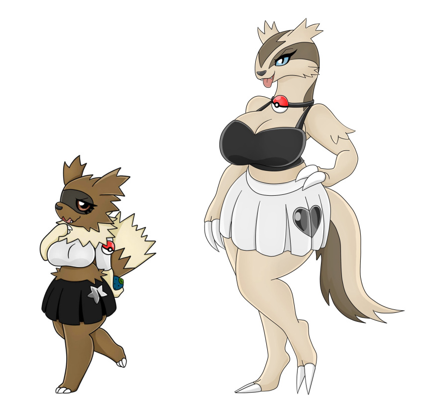 &lt;3 anthro big_breasts blue_eyes bottomwear breasts brown_body brown_eyes claws clothing collar duo female generation_3_pokemon hi_res linoone nintendo pokeball pokemon pokemon_(species) shirt simple_background skirt star tail tongue tongue_out topwear urusee584 white_background zigzagoon
