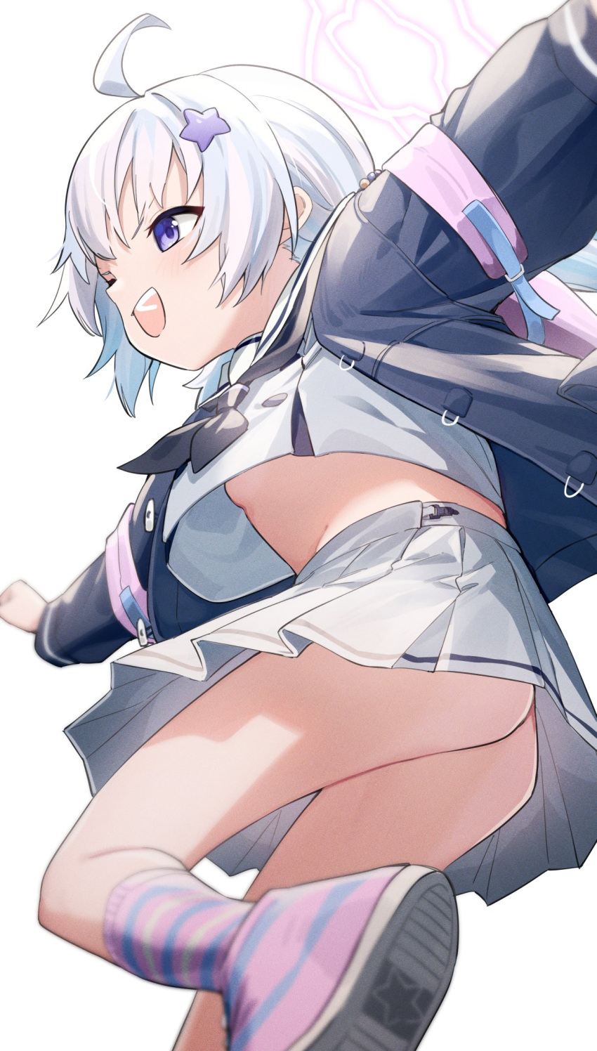 1girl ahoge backpack bag black_coat black_neckerchief blue_archive blue_hair breasts coat foot_up from_below grey_shirt grey_skirt hair_ornament halo highres looking_ahead multicolored_hair neckerchief no_bra no_panties open_clothes open_coat open_mouth outstretched_arms pink_bag pink_footwear pink_hair pink_socks pleated_skirt purple_eyes reisa_(blue_archive) sailor_collar school_uniform serafuku shirt sho_bu_1116 shoes skirt small_breasts smile sneakers socks solo spread_arms standing standing_on_one_leg star_(symbol) star_hair_ornament striped striped_socks two-tone_hair underboob upshirt v-shaped_eyebrows white_background white_sailor_collar