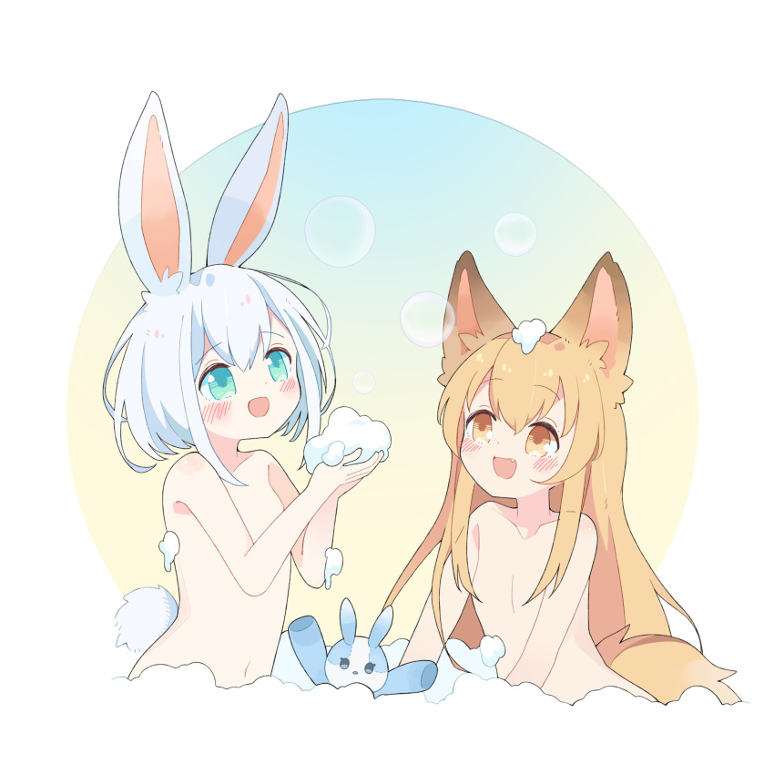 2girls absurdres animal_ears bath blue_eyes blush brown_eyes commission convenient_arm convenient_censoring fox_ears fox_tail hair_over_breasts highres holding_bubble long_hair multiple_girls navel nude original rabbit_ears rabbit_tail short_hair skeb_commission soap_bubbles stuffed_toy tail tanigawara upper_body white_hair