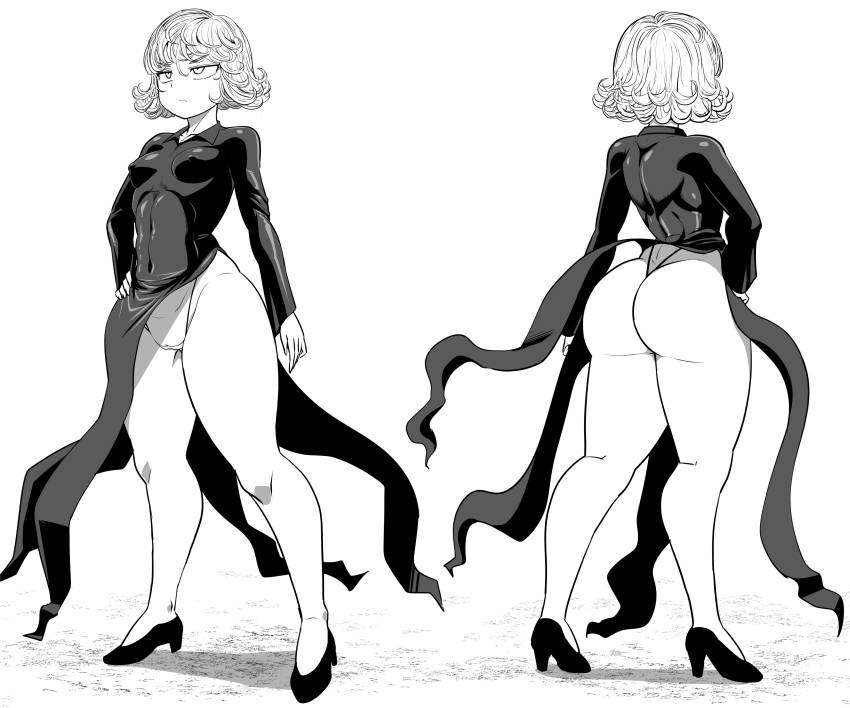 1girl absurdres amazon_(taitaitaira) ass back breasts cameltoe covered_navel curly_hair frown grey_hair greyscale hand_on_hip high_heels highres huge_ass monochrome multiple_views one-punch_man short_hair tatsumaki