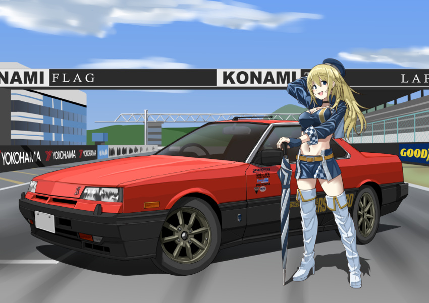 1girl :d arai_kogane atago_(kancolle) beret blonde_hair blue_eyes blue_gloves blue_headwear boots breasts car commission cosplay fingerless_gloves gloves goodyear gotland_(kancolle) gotland_(kancolle)_(cosplay) ground_vehicle hat holding holding_umbrella kantai_collection konami large_breasts long_hair midriff motor_vehicle navel nissan nissan_skyline nissan_skyline_r30 skeb_commission smile solo thigh_boots umbrella white_footwear wide_shot yokohama_tire