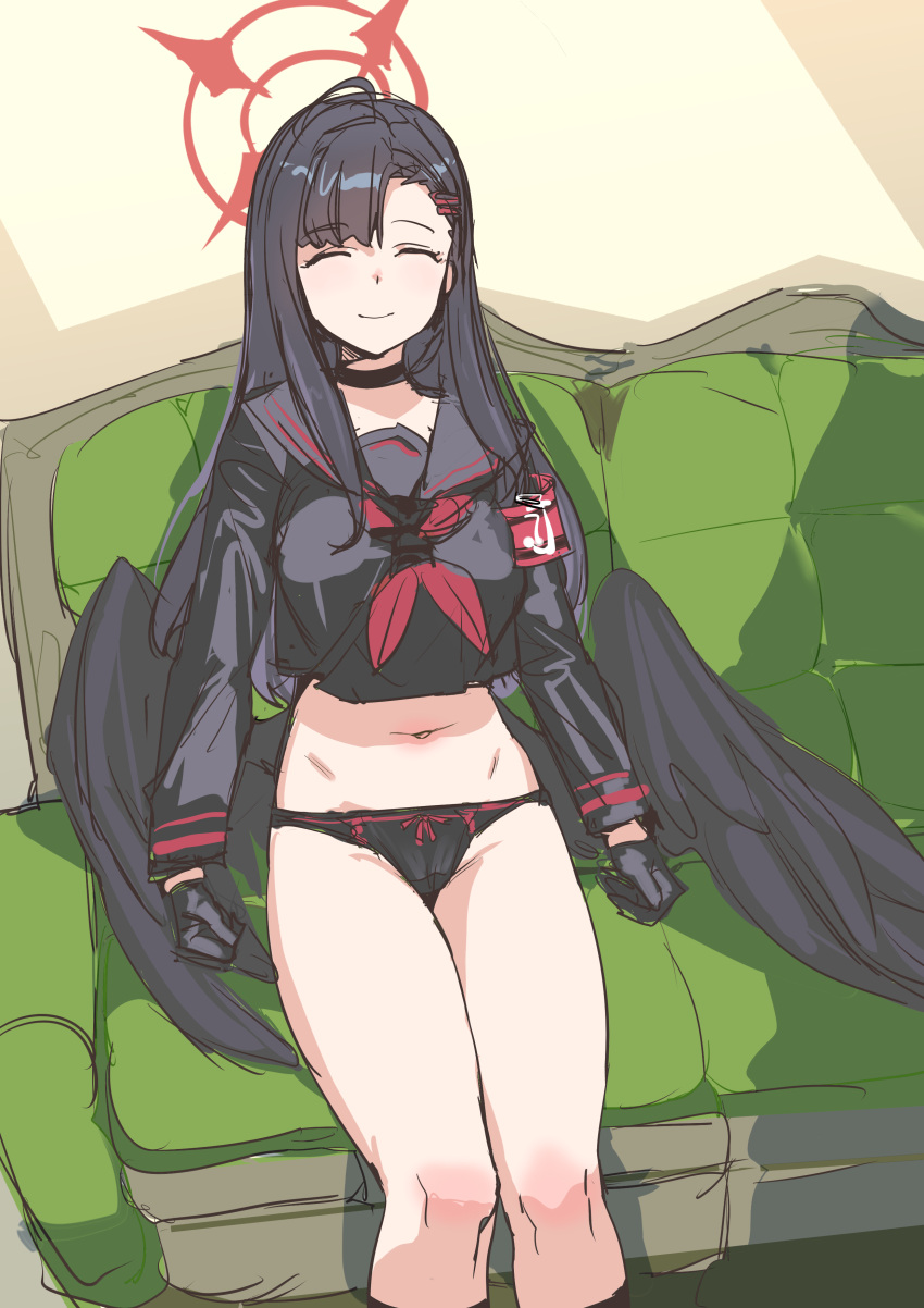 1girl absurdres asymmetrical_bangs black_choker black_gloves black_hair black_panties black_serafuku black_wings blue_archive bow_(bhp) choker closed_eyes couch cropped_shirt feet_out_of_frame gloves halo highres ichika_(blue_archive) indoors midriff navel on_couch panties red_halo school_uniform sensei_(blue_archive) serafuku sitting sleeping solo underwear wings