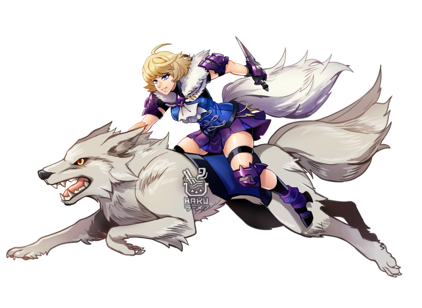 1girl ahoge ascot black_footwear blonde_hair blue_eyes blue_shirt boots fire_emblem fire_emblem_engage hakuramen highres holding holding_knife holding_weapon knife merrin_(fire_emblem) miniskirt purple_skirt reverse_grip riding shirt short_hair simple_background skirt solo thigh_strap thighs weapon white_ascot white_background wolf