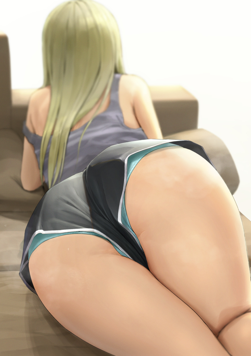 1girl absurdres ano_(gccx8784) aqua_panties arched_back arm_support armpit_crease ass ass_focus blonde_hair blurry blurry_background commentary_request couch depth_of_field dolphin_shorts facing_away from_behind grey_shirt gyaru highres long_hair lying on_couch on_stomach original panties panties_under_shorts panty_peek partially_visible_vulva revision shirt short_shorts shorts simple_background solo strap_slip tank_top thighs trefoil underwear upshorts