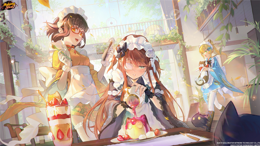 3girls animal apron artist_request bandana black_bow black_dress blonde_hair blue_dress bow cake cat commentary dress english_commentary eyepatch flower food fruit glasses gloves hair_flower hair_ornament highres holding holding_animal holding_cat holding_notepad holding_pen light_brown_hair looking_at_food mahjong_soul maid maid_apron maid_headdress medical_eyepatch medium_hair multiple_girls ninomiya_hana notepad official_art open_mouth pen ponytail pouring red-framed_eyewear red_bandana rose shinomiya_fuyumi shiraishi_nana standing strawberry thighhighs walking white_flower white_gloves white_rose white_thighhighs yellow_dress