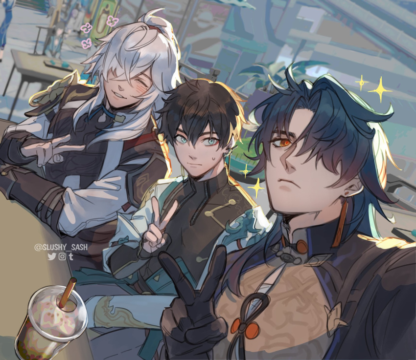 3boys ^_^ armor artist_name black_gloves black_hair black_jacket blade_(honkai:_star_rail) blue_hair blurry blurry_background blush bridal_gauntlets chinese_clothes closed_eyes closed_mouth commentary crossed_bangs cup dan_heng_(honkai:_star_rail) dark_blue_hair disposable_cup drink drinking_straw earrings english_commentary frown gloves green_eyes hair_between_eyes hair_over_one_eye hand_up high_ponytail highres honkai:_star_rail honkai_(series) instagram_logo jacket jewelry jing_yuan long_hair long_sleeves looking_at_viewer male_focus mandarin_collar mole mole_under_eye multiple_boys one_eye_covered outdoors parted_bangs parted_lips partially_fingerless_gloves photo-referenced ponytail red_eyes selfie shoulder_armor sidelocks single_earring sitting slushy-sash smile sparkle sweatdrop table tumblr_logo turtleneck twitter_logo twitter_username v white_hair white_jacket