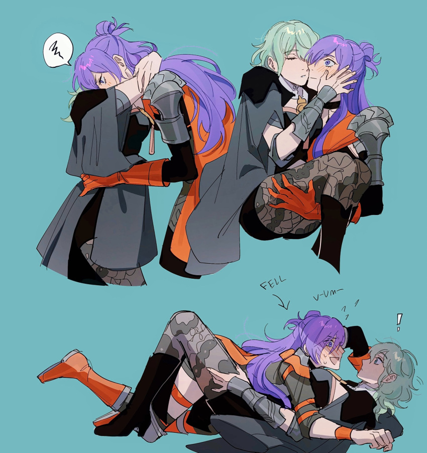 blush byleth_(female)_(fire_emblem) byleth_(fire_emblem) carrying fire_emblem fire_emblem:_three_houses fire_emblem_warriors:_three_hopes green_hair hand_on_another's_face highres hug imminent_kiss long_hair looking_at_another medium_hair oratoza pantyhose princess_carry purple_hair shez_(female)_(fire_emblem) shez_(fire_emblem) sweatdrop yuri