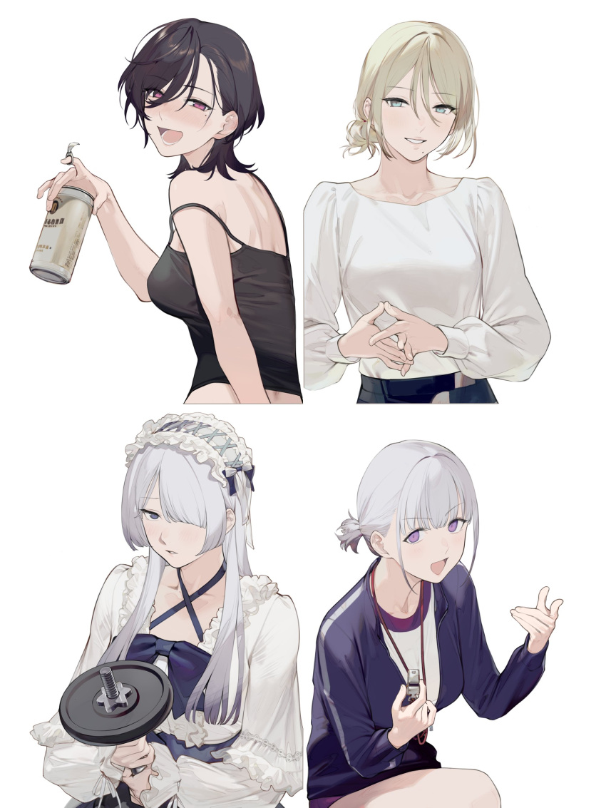 4girls absurdres ak-15_(girls'_frontline) beer_can black_camisole black_hair blonde_hair blue_eyes blush bramedb_(girls'_frontline) camisole can dumbbell duoyuanjun frilled_hairband frills girls'_frontline hair_between_eyes hair_over_one_eye hairband highres holding holding_can holding_whistle jacket long_hair long_sleeves looking_at_viewer medium_hair mole mole_under_eye multiple_girls open_mouth purple_eyes rpk-16_(girls'_frontline) shaw_(girls'_frontline) shirt short_hair simple_background smile spaghetti_strap track_jacket upper_body whistle white_background white_shirt