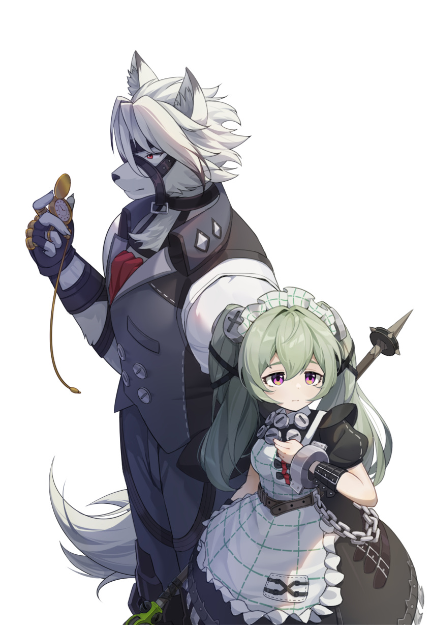anthro canid canine canis clock clothed clothing corin_wickes duo female fur gleamls green_hair hair hi_res holding_object human inner_ear_fluff maid_uniform male mammal mihoyo pocketwatch simple_background tail tuft uniform von_lycaon watch white_background wolf zenless_zone_zero