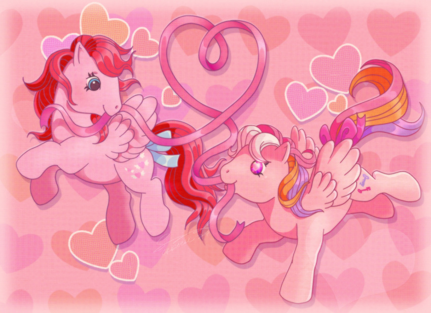 &lt;3 accessory bow_ribbon conphettey cutie_mark duo equid equine feathered_wings feathers female feral flying furgonomics hair hasbro heart_throb_(mlp) locket_(mlp) mammal mlp_g1 multicolored_hair multicolored_tail my_little_pony pegasus pink_body red_hair red_tail ribbons tail tail_accessory tail_bow tail_ribbon twinkle-eyed wings