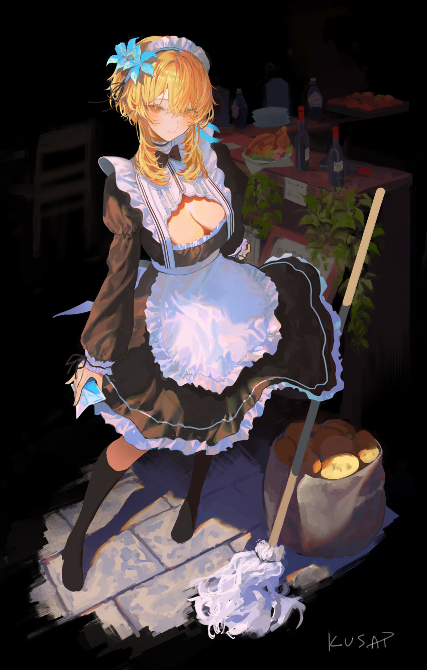 1girl absurdres apron bag black_background black_bow black_bowtie blonde_hair bottle bow bowtie bread breasts brick_floor cleavage cleavage_cutout closed_mouth clothing_cutout food full_body genshin_impact highres holding indoors juliet_sleeves kayakooooo long_sleeves looking_at_viewer lumine_(genshin_impact) maid maid_apron maid_headdress medium_hair mop plant puffy_sleeves sidelocks signature solo standing white_apron
