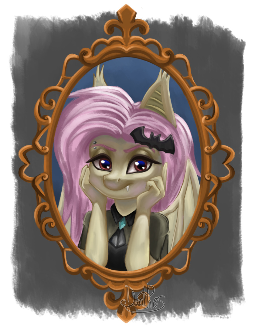 2022 absurd_res accessory anthro anthrofied bat_pony bat_wings clothing danthez digital_media_(artwork) digital_painting_(artwork) equid fangs female flutterbat_(mlp) fluttershy_(mlp) framed_picture friendship_is_magic hair hair_accessory hairpin hasbro hi_res mammal membrane_(anatomy) membranous_wings my_little_pony picture_in_picture pink_hair red_eyes shirt signature smile solo teeth topwear wings yellow_body