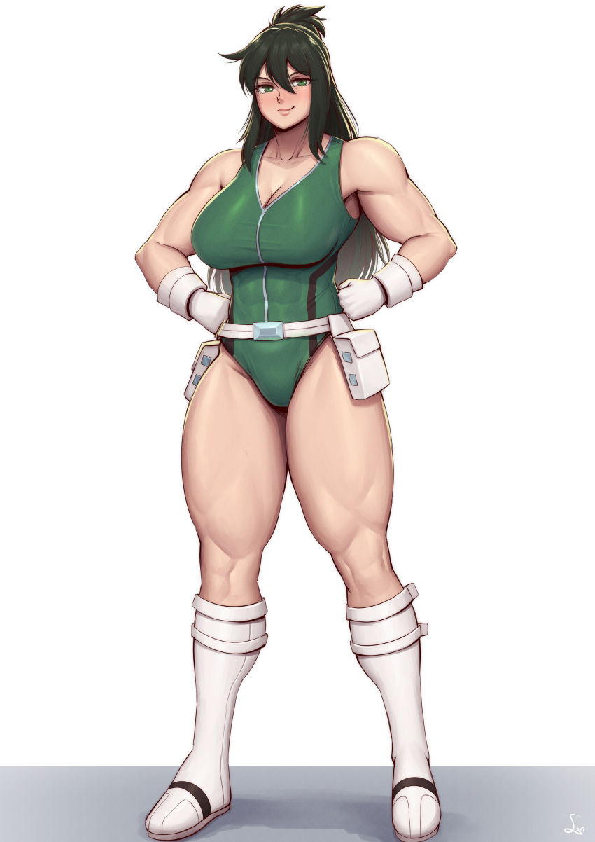 1girl absurdres bare_shoulders belt belt_pouch biceps boku_no_hero_academia boots breasts cleavage closed_mouth collarbone commentary covered_abs english_commentary full_body gloves green_eyes green_hair green_leotard hair_between_eyes hands_on_own_hips highres knee_boots large_breasts leotard light_blush long_hair looking_at_viewer midoriya_inko muscular muscular_female pouch signature simple_background smile solo speedl00ver standing thick_thighs thighs white_background white_belt white_footwear white_gloves