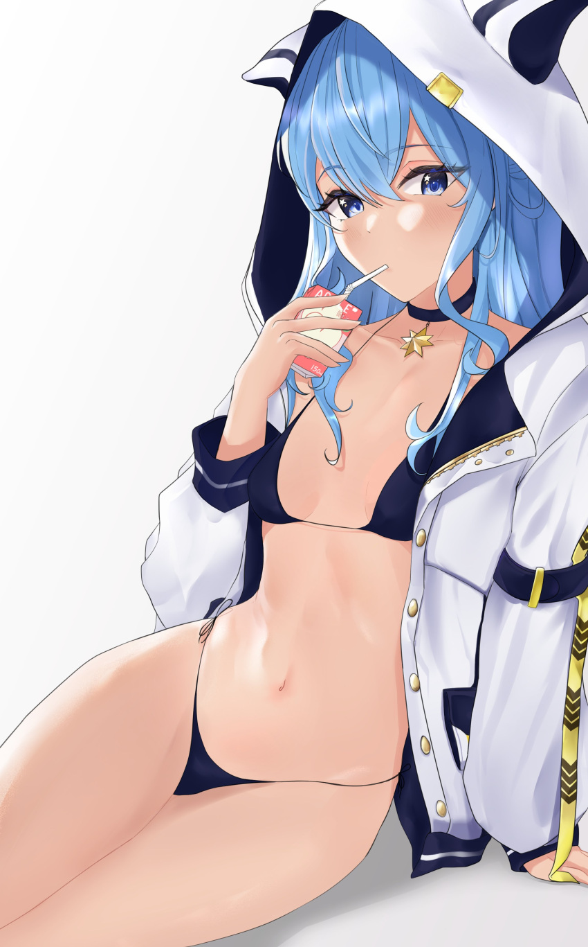1girl absurdres adapted_costume apple_juice arm_support ausseh1 bikini bikini_under_clothes blue_bikini blue_choker blush breasts choker collarbone drinking_straw eyelashes feet_out_of_frame gradient_background grey_background hair_between_eyes hand_up highres holding hololive hood hood_up hooded_jacket hoshimachi_suisei jacket juice_box leaning_to_the_side long_hair long_sleeves navel shadow side-tie_bikini_bottom sidelocks sitting small_breasts solo star_(symbol) star_in_eye swimsuit symbol_in_eye virtual_youtuber white_jacket