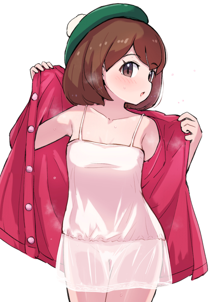 1girl :o blush brown_eyes brown_hair buttons collarbone commentary_request cowboy_shot dress eyelashes gloria_(pokemon) green_headwear hands_up hat highres kutabireta_neko medium_hair open_clothes open_dress opened_by_self parted_lips pink_dress pokemon pokemon_(game) pokemon_swsh simple_background solo steaming_body sweat tam_o'_shanter white_background