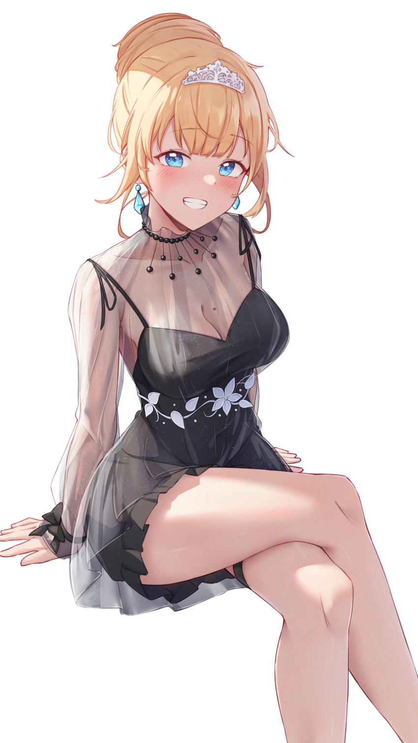 1girl absurdres bare_legs bead_choker black_dress blonde_hair blue_eyes blush breasts cleavage crossed_legs dress earrings english_commentary feet_out_of_frame frilled_dress frills grin hair_bun hair_ornament highres hololive hololive_english jewelry large_breasts legs looking_at_viewer mole mole_on_breast official_alternate_costume official_alternate_hairstyle see-through see-through_sleeves shironekokfp short_dress simple_background smile solo teeth thigh_strap thighs tiara watson_amelia watson_amelia_(3rd_costume) white_background