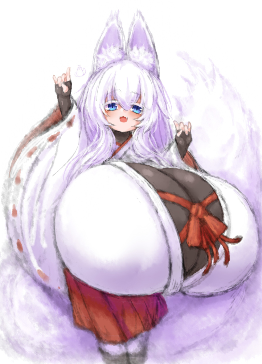 2b-ge animal_humanoid big_breasts big_tail blue_eyes breasts canid canid_humanoid canine canine_humanoid clothing fangs female fox_humanoid hair hi_res huge_breasts huge_tail humanoid hyper hyper_breasts mammal mammal_humanoid open_mouth simple_background smile solo standing tail teeth unknown_character white_hair