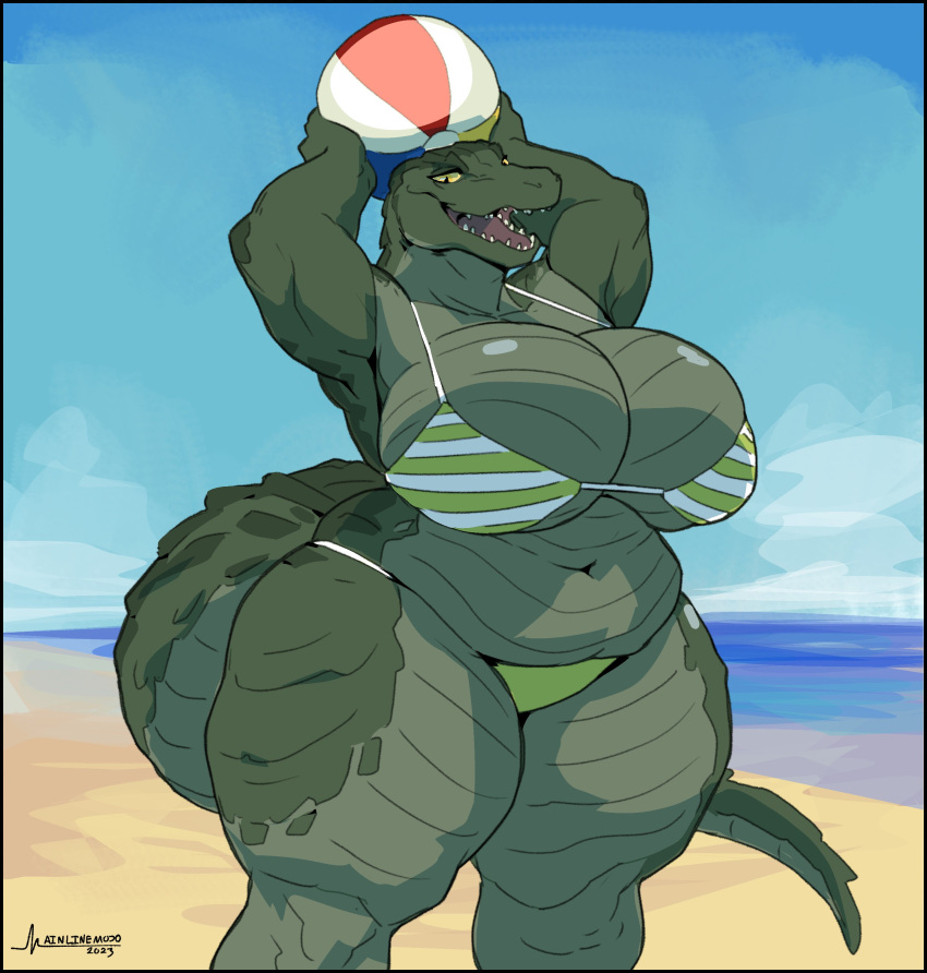 absurd_res anthro ball beach beach_ball big_breasts bikini breasts clothing crocodile crocodilian crocodylid female greasymojo green_body green_skin hi_res huge_breasts inflatable multicolored_body multicolored_scales pupils reptile scales scalie seaside slit_pupils solo standing swimwear teeth thick_thighs two_tone_body two_tone_scales wide_hips yellow_eyes