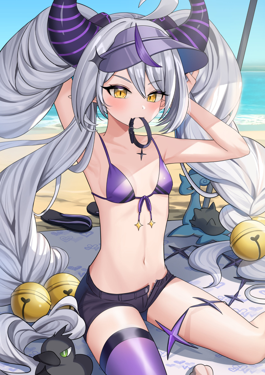 1girl adjusting_hair ahoge armpits beach beach_umbrella bell bikini black_shorts blue_eyes blue_sky blush breasts collar collarbone crow_(la+_darknesss) day demon_girl demon_horns diamond-shaped_pupils diamond_(shape) dienot0 eyelashes fang front-tie_bikini_top front-tie_top grey_hair hair_bell hair_between_eyes hair_ornament hands_in_hair highres hololive horns jingle_bell la+_darknesss lapras long_hair looking_at_viewer mouth_hold multicolored_hair navel ocean outdoors pointy_ears purple_bikini purple_hair purple_horns purple_thighhighs sandals seashell shell shore short_shorts shorts single_thighhigh sitting skin_fang sky small_breasts star_(symbol) stomach streaked_hair striped_horns stuffed_toy swimsuit symbol-shaped_pupils tail thighhighs umbrella very_long_hair virtual_youtuber visor_cap wariza yellow_eyes