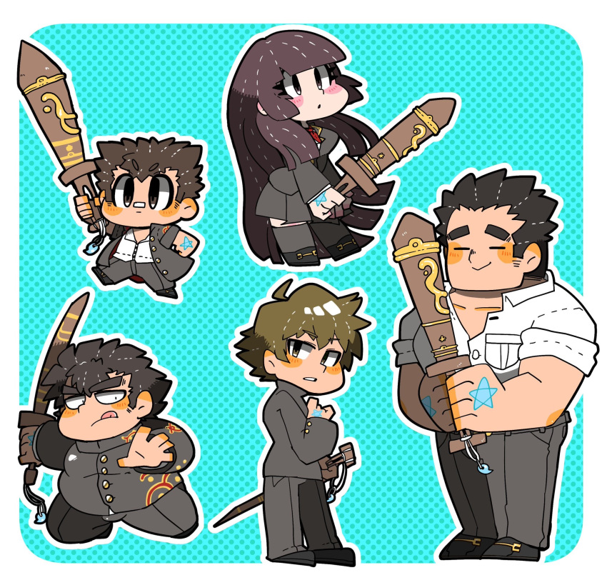 1girl 4boys bandaid bandaid_on_face bandaid_on_nose bara black_hair blue_background border brown_eyes brown_hair chibi closed_mouth collared_shirt full_body gakuran hand_tattoo hand_up highres holding holding_sword holding_weapon jacket long_hair magatama minamo_retasu multiple_boys open_clothes open_jacket outline outside_border parted_lips polka_dot polka_dot_background protagonist_1_(housamo) protagonist_2_(housamo) protagonist_3_(housamo) protagonist_4_(housamo) rounded_corners school_uniform shirt short_hair sideburns size_difference skirt smile star_tattoo sword tattoo thick_eyebrows thighhighs tokyo_afterschool_summoners tongue tongue_out weapon white_border white_outline