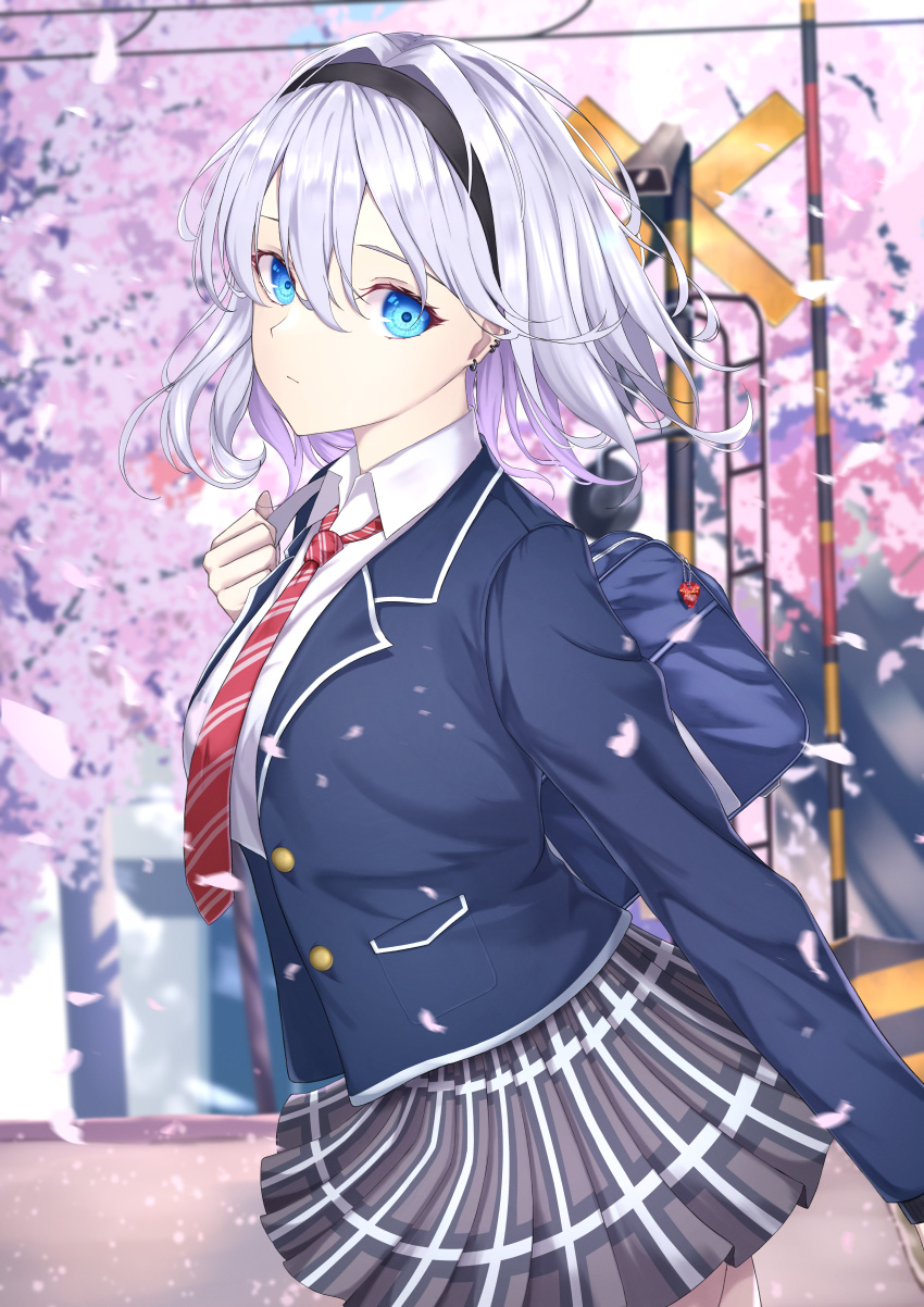 1girl absurdres blazer blue_eyes breasts cherry_blossoms ear_piercing grey_hair ground_vehicle hair_ornament hairband highres jacket large_breasts long_sleeves looking_at_viewer medium_hair necktie original outdoors piercing pleated_skirt school_uniform shirt sign skirt solo sou_skate714 train tree white_shirt