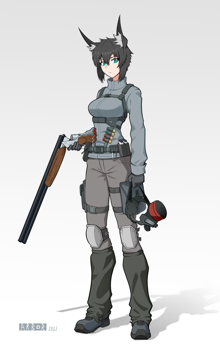 1girl absurdres animal_ears arbor_spirit artist_name black_hair blue_eyes breasts double-barreled_shotgun expressionless fox_ears gas_mask gun highres holding holding_gun holding_weapon holster knee_pads large_breasts long_sleeves looking_at_viewer magazine_(weapon) mask mask_removed original shadow shoes short_hair shotgun shotgun_shell solo standing tactical_clothes thigh_holster toz-34 weapon