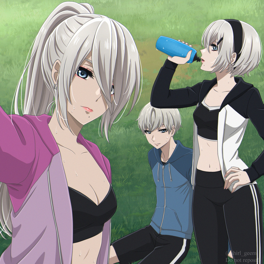 1boy 2girls alternate_costume black_hairband black_jacket black_pants blue_jacket bob_cut bottle collarbone crop_top day earrings eyebrows_hidden_by_hair grass grey_hair hair_between_eyes hairband hand_on_own_hip highres holding holding_bottle hood hood_down hooded_jacket jacket jewelry long_hair long_sleeves looking_at_viewer medium_hair midriff mole mole_under_mouth multicolored_clothes multicolored_jacket multiple_girls navel nier:automata nier_(series) no_blindfold open_clothes open_jacket outdoors pants ponytail purple_jacket shirl_geem short_hair sitting sportswear standing stomach sweatdrop twitter_username two-tone_jacket white_jacket yorha_no._2_type_b yorha_no._9_type_s yorha_type_a_no._2