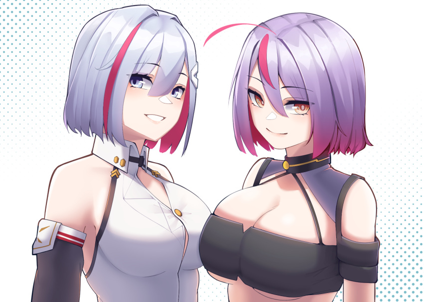 2girls ahoge bandeau bare_shoulders breasts cleavage commentary_request detached_sleeves dress grey_eyes grey_hair grin hair_between_eyes hair_ornament hairclip highres honkai:_star_rail honkai_(series) large_breasts look-alike looking_at_viewer multicolored_hair multiple_girls original short_hair sleeveless sleeveless_dress smile streaked_hair tamiji topaz_(honkai:_star_rail) upper_body white_background white_dress