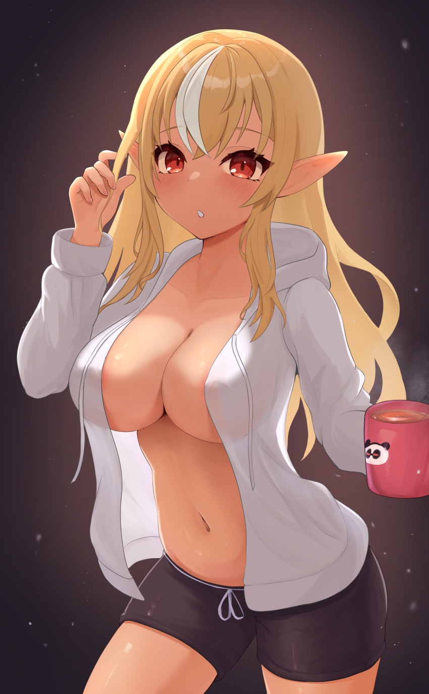 1girl :o black_shorts blonde_hair blush breasts cowboy_shot cup dark-skinned_female dark_skin elf hair_down highres holding holding_cup hololive hood hoodie large_breasts long_hair looking_at_viewer mug multicolored_hair navel no_bra open_clothes open_hoodie pointy_ears red_eyes shiranui_flare short_shorts shorts solo streaked_hair telomere virtual_youtuber white_hair white_hoodie