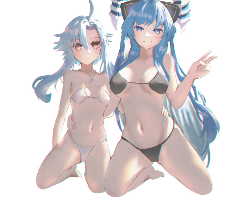 2girls absurdres ahoge ass_visible_through_thighs bikini black_bikini blue_eyes blue_hair breasts breasts_apart closed_mouth collarbone commission commissioner_upload expressionless flat_chest full_body hair_between_eyes hand_on_another's_waist highres hikaru_aruka horns kiseijou_rei_(goddess_form) kneeling large_breasts light_blue_hair long_hair looking_at_viewer multiple_girls navel neptune_(series) non-web_source power_symbol power_symbol-shaped_pupils red_eyes short_hair_with_long_locks sidelocks sign simple_background smile stomach swimsuit symbol-shaped_pupils v very_long_hair warning_sign white_background white_bikini white_heart