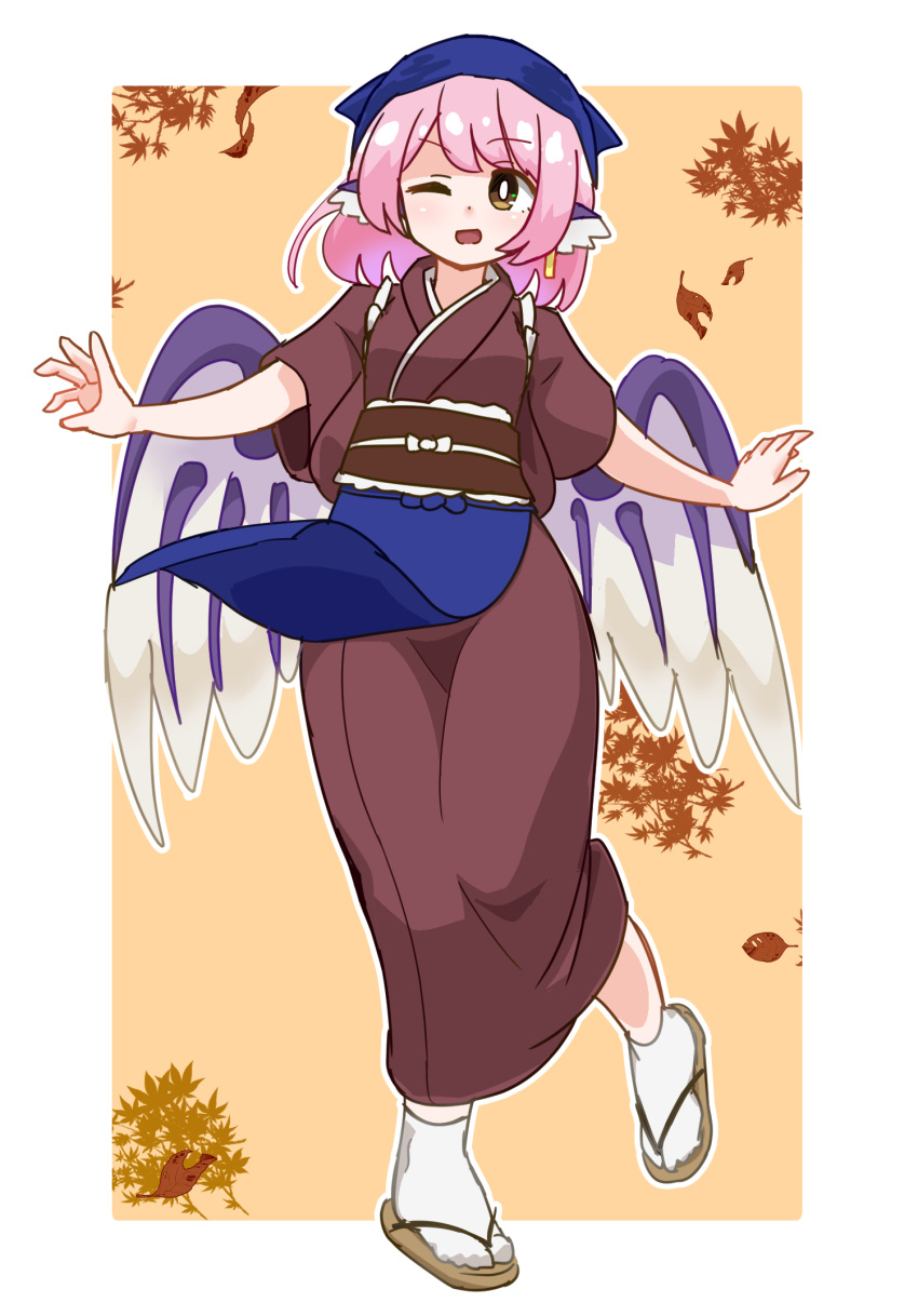 1girl animal_ears be_yu bird_ears bird_wings blue_headwear brown_eyes brown_kimono earrings head_scarf highres japanese_clothes jewelry kimono looking_at_viewer mystia_lorelei okamisty one_eye_closed open_mouth pink_hair short_hair short_sleeves single_earring smile socks solo tabi touhou white_socks white_wings wings zouri