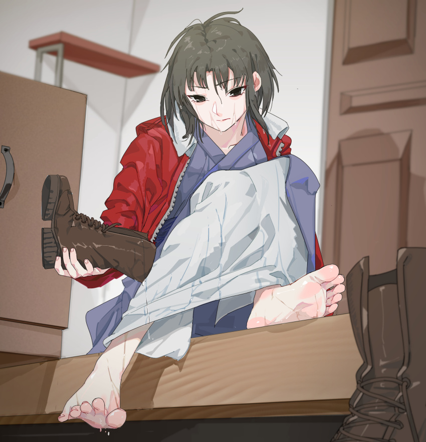 1girl absurdres barefoot black_hair blue_kimono blurry blurry_background boots boots_removed brown_footwear chinese_commentary closed_mouth collarbone commentary_request depth_of_field door er_ling_balu feet foreshortening full_body grey_eyes highres holding indoors jacket japanese_clothes kara_no_kyoukai kimono knees_up medium_hair messy_hair on_ground open_clothes open_jacket red_jacket ryougi_shiki shadow sitting soles solo spread_toes toenails toes unzipped water_drop wet wooden_floor