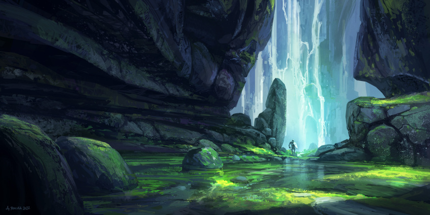 1boy andreas_rocha artist_name cave_interior highres moss original rock shield water waterfall watermark