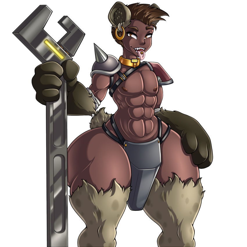 2023 4_fingers abs adjatha animal_humanoid arm_tuft armor bottom_heavy bottomwear brown_body brown_eyes brown_fur brown_hair clothing collar ear_piercing ear_ring fingers fur girly hair hi_res holding_object holding_tool holding_wrench humanoid hyena hyena_humanoid leg_tuft loincloth male mammal mammal_humanoid mohawk muscular muscular_humanoid muscular_male nipples open_mouth piercing ring_piercing shoulder_pads simple_background solo standing story story_in_description tail tan_body tan_skin thick_thighs tongue tongue_out tongue_piercing tools trials_in_tainted_space tuft unconvincing_armor white_background wide_hips wrench yellow_collar