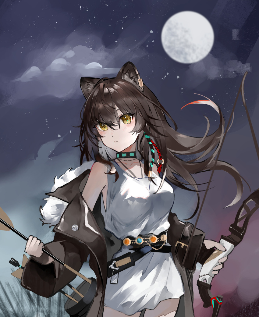 1girl absurdres animal_ear_fluff animal_ears arknights arrow_(projectile) belt black_coat black_gloves blush bow_(weapon) braid breasts brown_hair closed_mouth cloud coat collarbone cowboy_shot dress fingerless_gloves full_moon fur-trimmed_coat fur_trim gloves highres holding holding_bow_(weapon) holding_weapon jewelry long_hair long_sleeves looking_at_viewer lunacub_(arknights) medium_breasts moon necklace night night_sky off_shoulder open_clothes open_coat s_4ik4 side_braid sky smile solo star_(sky) starry_sky weapon white_dress wolf_ears yellow_eyes