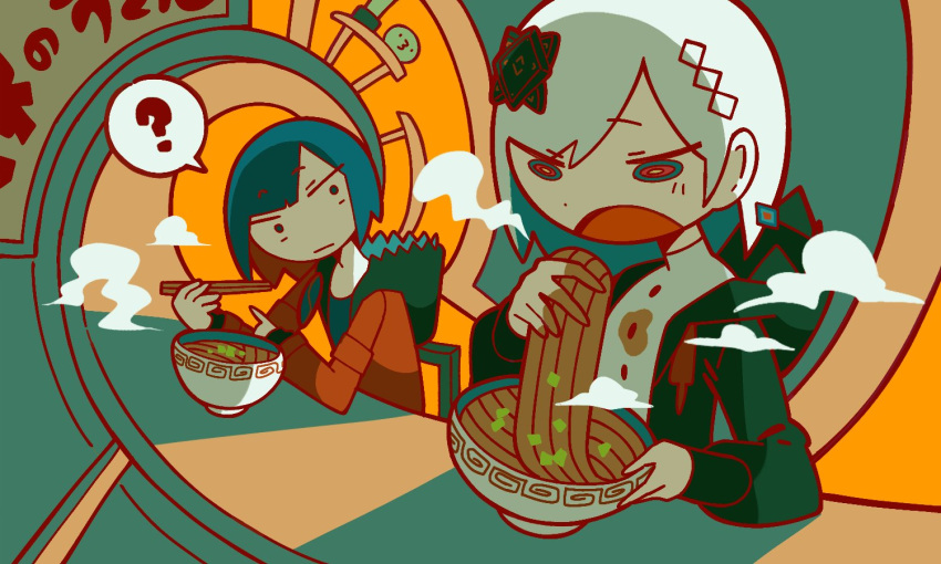 2girls ? ai_drawing_anime_characters_eating_ramen_(meme) black_jacket black_shirt blue_eyes blue_hair bowl braid buttons cevio chopsticks closed_mouth colored_inner_hair commentary confused counter diamond_earrings dual_persona earrings eating elbows_on_table food high_collar holding holding_bowl holding_chopsticks holding_food hood hood_down hooded_jacket imminent_bite jacket jewelry kamitsubaki_studio long_hair long_sleeves looking_at_another looking_at_food looking_to_the_side low_ponytail meandros meme multicolored_clothes multicolored_eyes multicolored_hair multicolored_jacket multiple_girls no_sclera noodles raised_eyebrows ramen red_eyes red_hair red_jacket rim_(kamitsubaki_studio) rime_(cevio) shirt side_braid sitting spoken_question_mark stained_clothes steam upper_body virtual_youtuber wan_2220 white_shirt wide-eyed yellow_pupils you're_doing_it_wrong