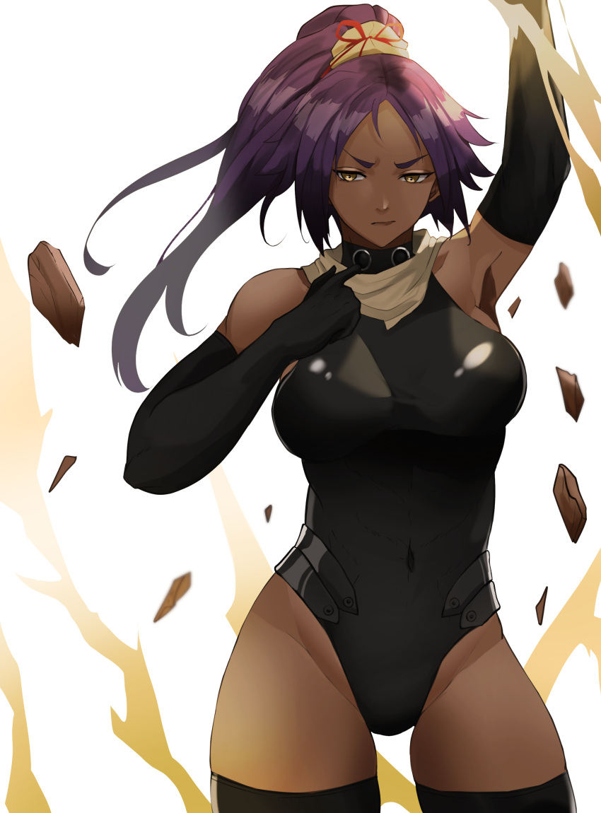 1girl absurdres arm_up bare_shoulders black_gloves black_leotard black_thighhighs bleach breasts brown_eyes closed_mouth commentary covered_navel dark-skinned_female dark_skin elbow_gloves english_commentary gloves highleg highleg_leotard highres leotard long_hair looking_at_viewer medium_breasts ponytail purple_hair shadowcero shihouin_yoruichi solo thighhighs white_background