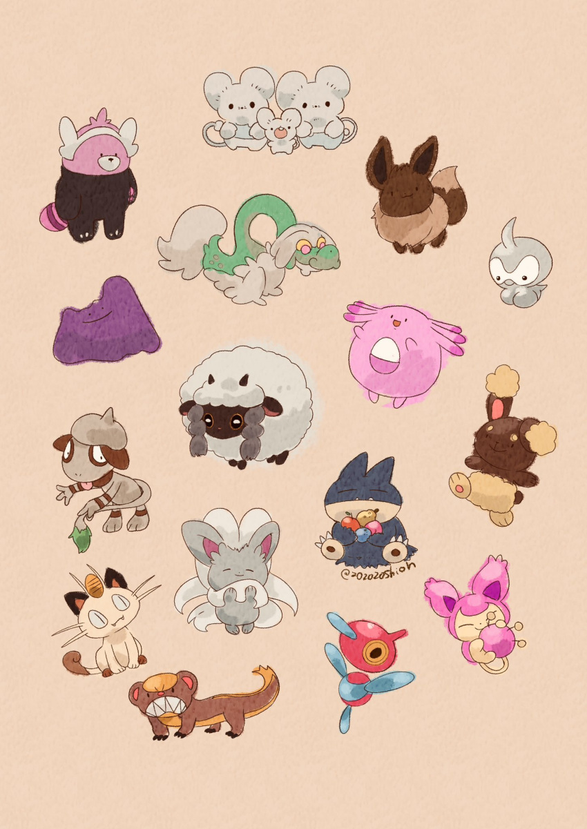 animal_focus artist_name bewear brown_fur buneary castform cat chansey cinccino closed_eyes commentary_request ditto drampa eating eevee egg highres horizontal_pupils maushold_(family_of_three) meowth mouse munchlax no_humans pokemon pokemon_(creature) porygon-z rabbit sheep simple_background sitting skitty smeargle stuffed_animal stuffed_toy teddy_bear white_background wooloo yungoos zozozoshion