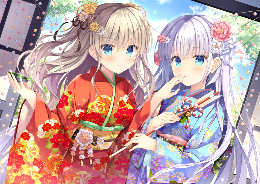 2girls absurdres alternate_costume arrow_(projectile) black_ribbon blue_eyes blue_kimono blue_sky blunt_ends blush charlotte_(anime) closed_mouth cloud colored_eyelashes commentary_request company_connection covering_mouth cowboy_shot crossover dutch_angle eyelashes eyes_visible_through_hair fingernails floating_hair floral_print flower grey_hair hair_between_eyes hair_flower hair_ornament hair_ribbon hand_over_another's_mouth highres holding holding_arrow japanese_clothes kanzashi key_(company) kimono lips long_hair long_sleeves looking_at_viewer multiple_girls naruse_shiroha new_year outdoors parted_lips pink_flower red_kimono ribbon second-party_source side-by-side sidelocks sky smile standing straight_hair summer_pockets takano_yuki_(allegro_mistic) tomori_nao tree two_side_up very_long_hair w_arms wavy_hair white_flower white_hair wide_sleeves yellow_flower yukata