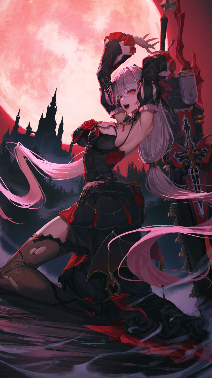 1girl armpits bare_shoulders bat_hair_ornament black_dress black_sleeves breasts castle chainsaw chainsword detached_sleeves dress earrings fishnets flamenco_dress flower full_body hair_ornament high_heels highres holding holding_chainsaw honkai_(series) honkai_impact_3rd jewelry kneeling large_breasts long_hair long_sleeves looking_at_viewer luna_(honkai_impact) moon namahamu913 open_mouth outdoors red_eyes red_flower red_moon red_rose red_sky rose sideboob sky smile solo stiletto_heels theresa_apocalypse theresa_apocalypse_(lunar_vow:_crimson_love) torn_clothes tree vampire white_hair