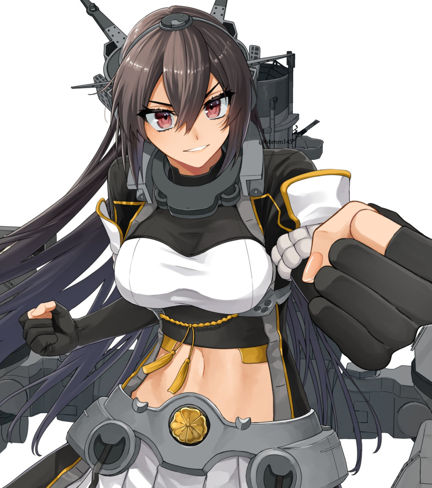 1girl black-hair black_gloves black_hair breasts clenched_hands gloves gradient_hair hair_between_eyes headgear highres kantai_collection large_breasts long_hair looking_at_viewer machi_(ritovoyage) midriff multicolored_hair nagato_(kancolle) nagato_kai_ni_(kancolle) partially_fingerless_gloves pleated_skirt red_eyes rigging skirt solo tassel twitter_username white_skirt