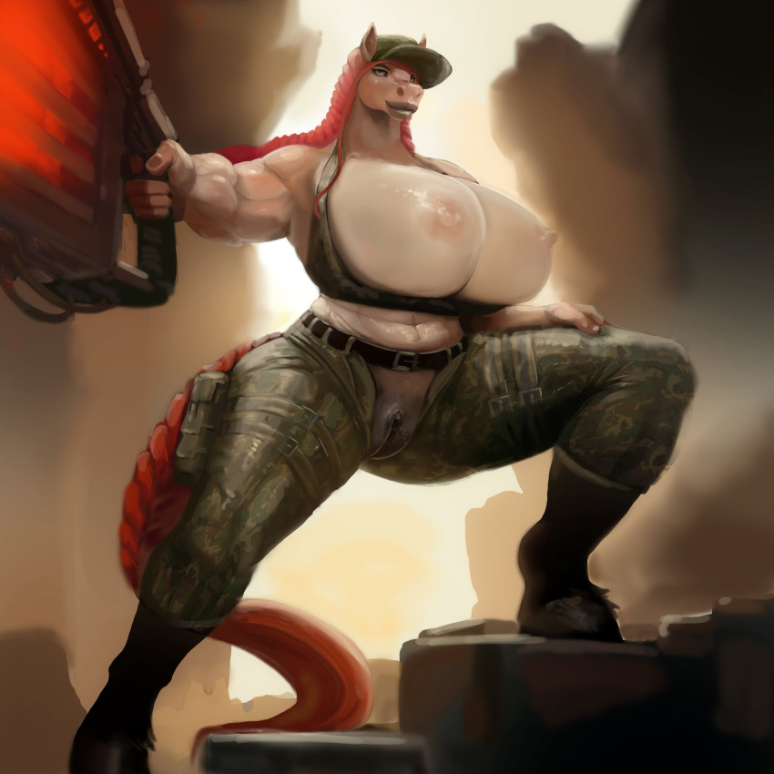 1:1 2023 abs aiming anthro belt big_breasts big_nipples blue_eyes bottomwear braided_hair braided_tail breasts brown_lips camo camo_clothing camo_print clothed clothing digital_media_(artwork) digital_painting_(artwork) equid equine exposed_breasts female front_view futuristic_gun genitals grin hair hand_on_hip hat headgear headwear hi_res holding_object holding_weapon hooves horse huge_breasts keeltheequine lips looking_at_viewer mammal mostly_clothed muscular muscular_anthro muscular_arms muscular_female nipples outside pants pattern_clothing pink_nipples pose pussy red_hair red_tail shirt small_waist smile smiling_at_viewer smirk smirking_at_viewer solo tail tan_body tank_top thick_lips thick_thighs topwear unzipped weapon wide_hips zipper