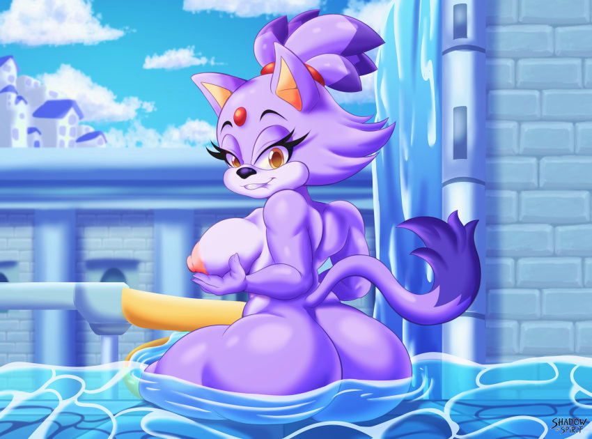 absurd_res anthro big_butt bite biting_lip blaze_the_cat breasts butt domestic_cat felid feline felis female hi_res holding_breast looking_at_viewer mammal nude sega shadowthespirit sitting_in_water solo sonic_the_hedgehog_(series) water_palace_(sonic_rush)