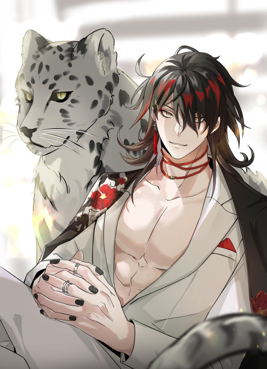 1boy abs animal black_hair black_nails blurry blurry_background choker earrings eyeshadow fingernails floral_print formal hair_between_eyes hair_over_one_eye hands_on_own_knees highres jaguar japanese_clothes jewelry kimono long_hair looking_at_viewer lrctywub2gcelwl makeup male_focus multicolored_hair multiple_rings nijisanji nijisanji_en pectoral_cleavage pectorals red_eyeshadow red_hair ring simple_background sitting smile solo streaked_hair suit tassel tassel_earrings topless_male upper_body virtual_youtuber vox_akuma white_background white_suit yellow_eyes