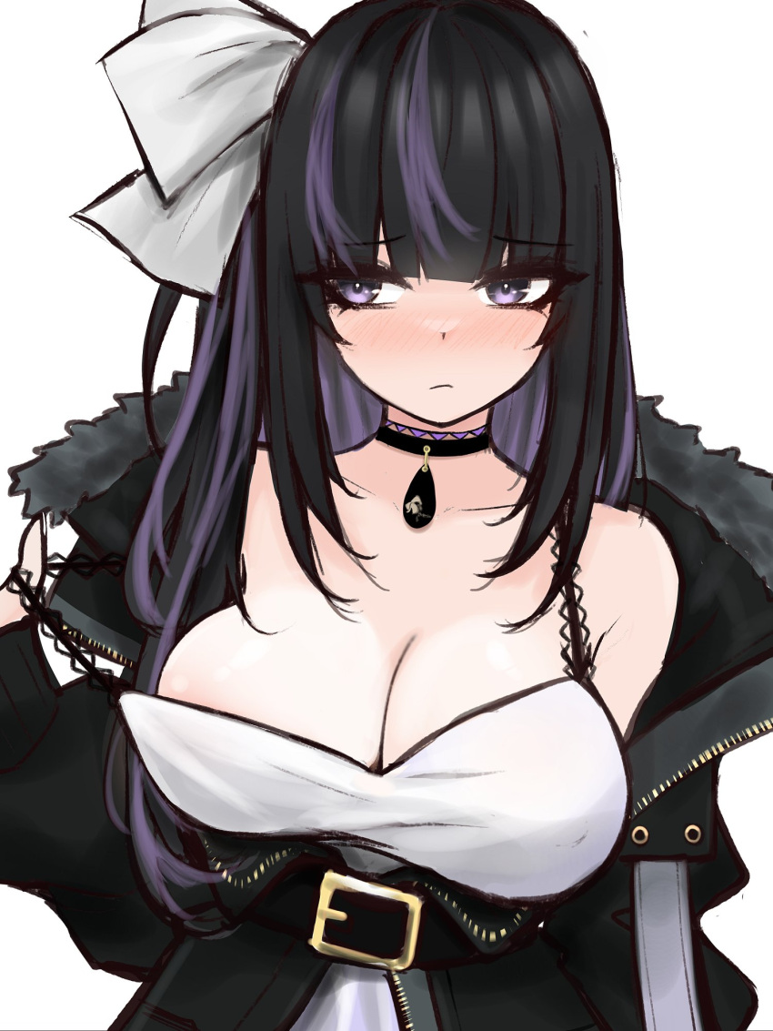 1girl belt black_belt black_choker black_coat black_hair blunt_bangs blush bow breasts choker coat colored_inner_hair covered_nipples dress embarrassed fur-trimmed_coat fur_trim hair_bow highres indie_virtual_youtuber large_breasts long_hair long_sleeves looking_at_viewer m_r_b multicolored_hair no_bra nose_blush purple_eyes purple_hair ririsya short_sidetail simple_background solo strap_pill streaked_hair upper_body virtual_youtuber white_background white_dress