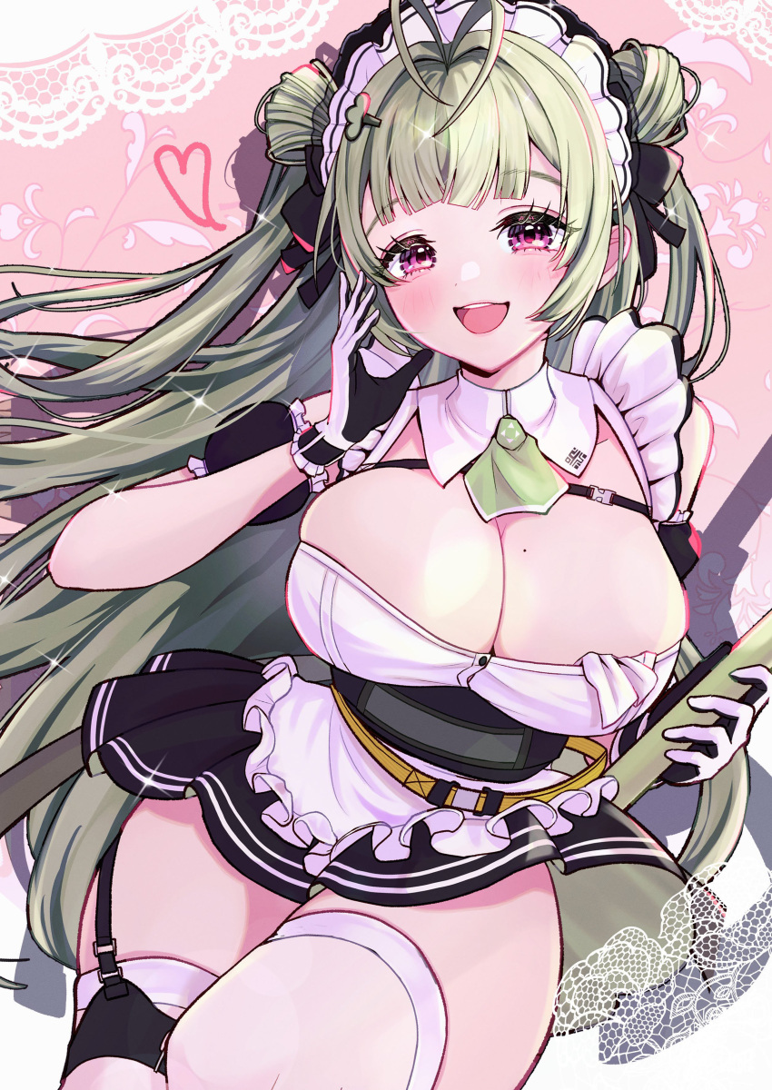 1girl absurdres apron ascot black_dress black_gloves blunt_bangs breasts broom cleavage detached_collar detached_sleeves double_bun dress frills gloves goddess_of_victory:_nikke green_ascot green_hair hair_bun hands_up heart highres holding holding_broom itsuki_isshiki large_breasts long_hair maid maid_apron maid_headdress mole mole_on_breast open_mouth puffy_short_sleeves puffy_sleeves purple_eyes short_sleeves skindentation smile soda_(nikke) solo thighhighs very_long_hair white_thighhighs